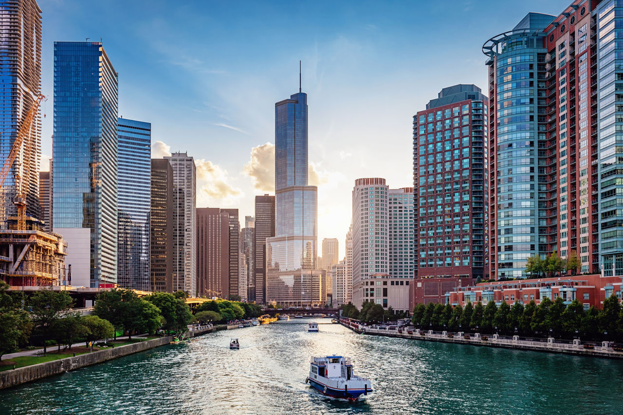 Image of the Chicago Cityscape from Chicago River Waterfront at Dusk.