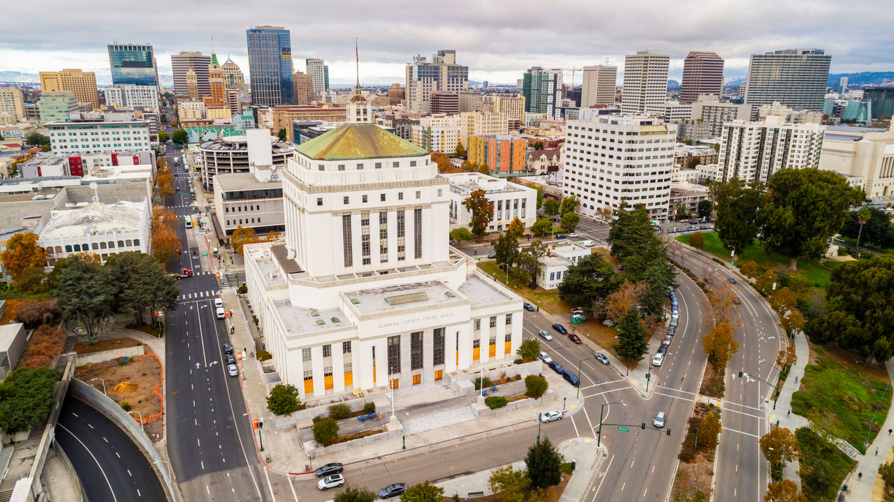 High Quality stock aerial photos of the Alameda County Superior Court in Oakland, CA.