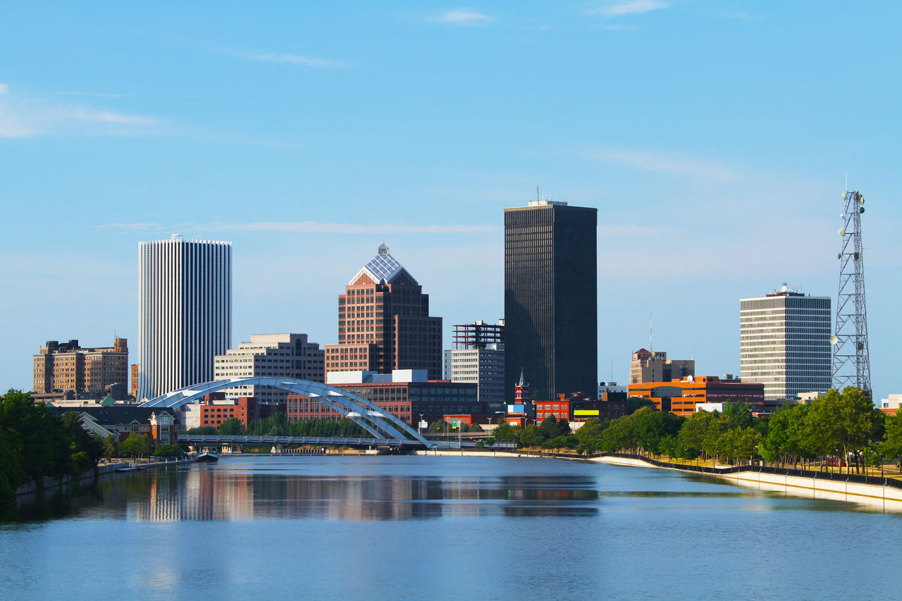 Rochester Cityscape. Genesee River in foreground. Rochester, New York, USA.