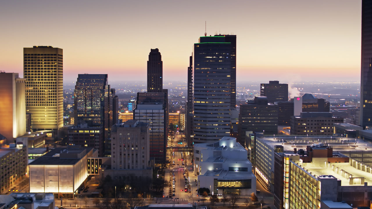 Aerial shot of Downtown Oklahoma City before sunrise.