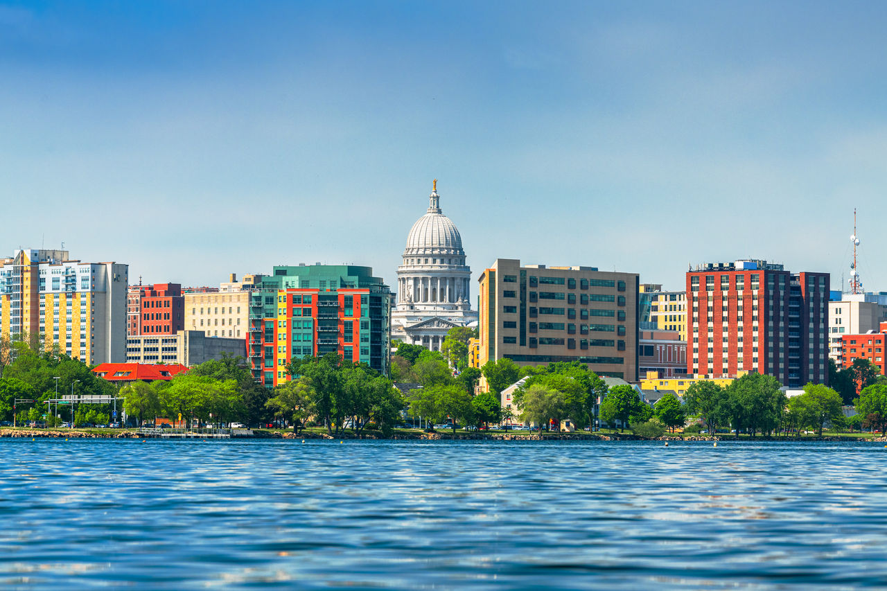 Image of Madison, Wisconsin downtown skyline on Lake Monona.